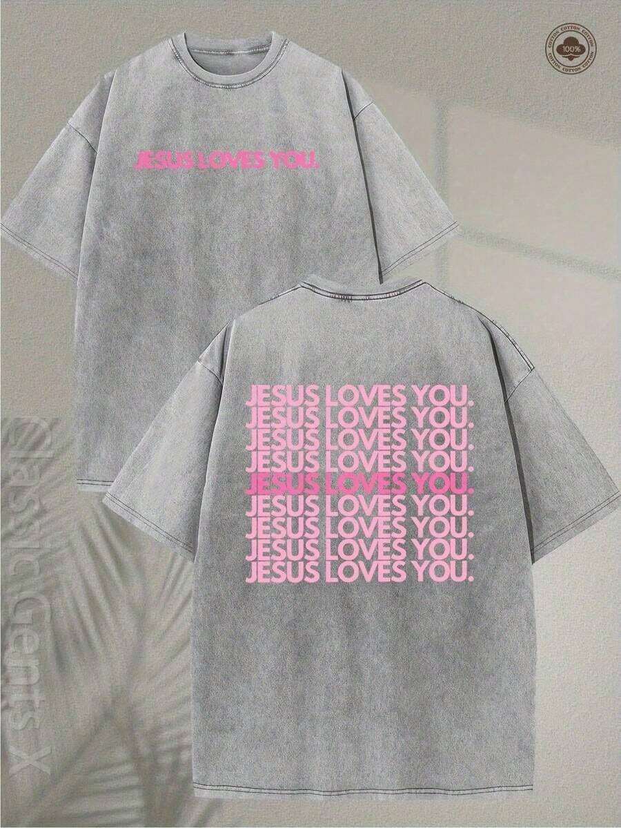 T-Shirt With Intense Washed Effect - T-Shirt With Religious Print 'Jesus Loves You', Lettering In Pink, Green And Pink, Double-Sided Print - Christian Clothing, Unisex Crew Neck T-Shirt, Suitable For Church, Casual Wear, Ideal For Gifting - Machine Washable, Soft Crew Neck (Retro Style, Heavyweight, Unisex). - 淺灰色 - 查看 1