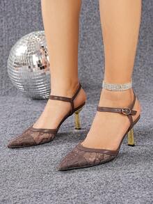 Fashionable Stilettos - Elegant Women's Pointed Toe Mesh Inlay Party Sandals - Brown - View 4