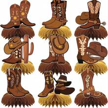 9Pcs Cowboy Party Honeycomb Centerpiece Decorations,Western Theme Table Topper Party Supplies,Brown And Gold Design,Cowboy Boots And Cowboy Hat Party Table Decor - A23 - View 1