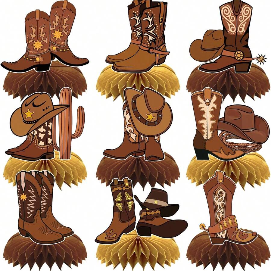 9Pcs Cowboy Party Honeycomb Centerpiece Decorations,Western Theme Table Topper Party Supplies,Brown And Gold Design,Cowboy Boots And Cowboy Hat Party Table Decor - A23 - View 1