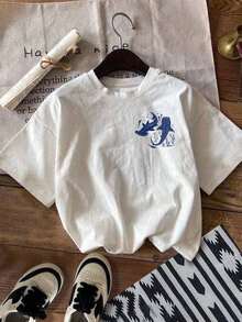 Women's T-Shirt, Short Sleeve T-Shirt With Urban Casual Graphic Design, Cute Summer Top, Pure Cotton T-Shirt. - 白色 2 - 查看 2