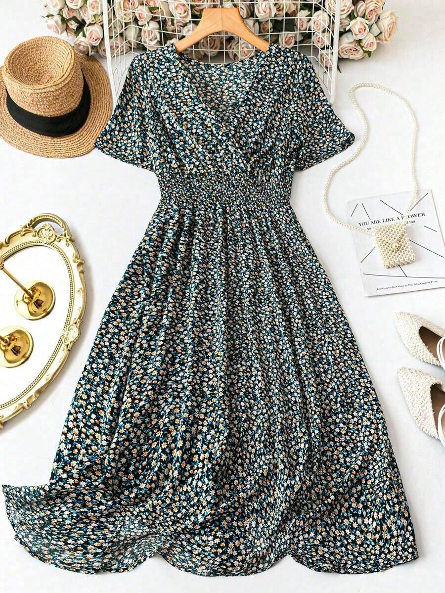 Vestido casual de mujer de manga corta con estampado, diseño aleatorio de vestido largo para mujer - Negro 2 - Ver 1