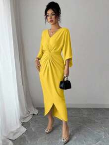 xheElenzga Vestido de manga de murciélago de punto elástico elegante con diseño de giro de cuello en V de longitud media para mujeresxhe - Amarillo claro - Ver 3
