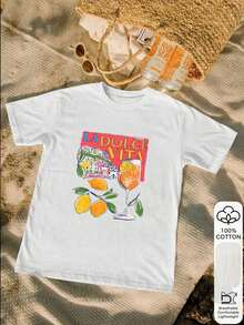 Blusa de algodón 100% casual con estampado de café de manga corta para mujer, camiseta gráfica, tela suave, ropa de algodón, parte superior para exteriores, estampado impreso, camiseta de verano, camiseta de mujer, blusa de verano, atuendo de vacaciones, estilo de viaje, ambiente de playa, ropa de resort minimalista en blanco - Blanco - Ver 6