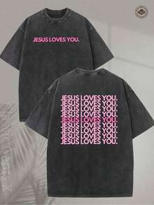 Camiseta de 230GSM con efecto lavado intenso - Camiseta con estampado religioso 'Jesus Loves You', letras en rosa, verde y rosa con impresión a doble cara - Ropa cristiana, top unisex de cuello redondo, adecuada para la iglesia, uso casual, ideal para regalar - Camiseta Y2K de cuello redondo suave y lavable a máquina. - Negro - Ver 10
