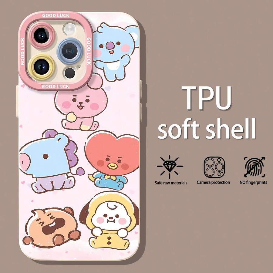 BT21 Cute Pastel Characters Pink Background Phone Case. Compatible With Samsung, Apple, , , , , And Honor. Made Of TPU Silicone, They Offer Protection Against Bumps And Drops. - trắng - Xem 1