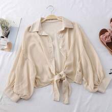 Women's Summer Chiffon Sun Protection Blouse, Tie Knot Hem Lantern Sleeve Sheer Shrug, Casual Lightweight Open Front Cardigan Cover Up - Grey - View 3