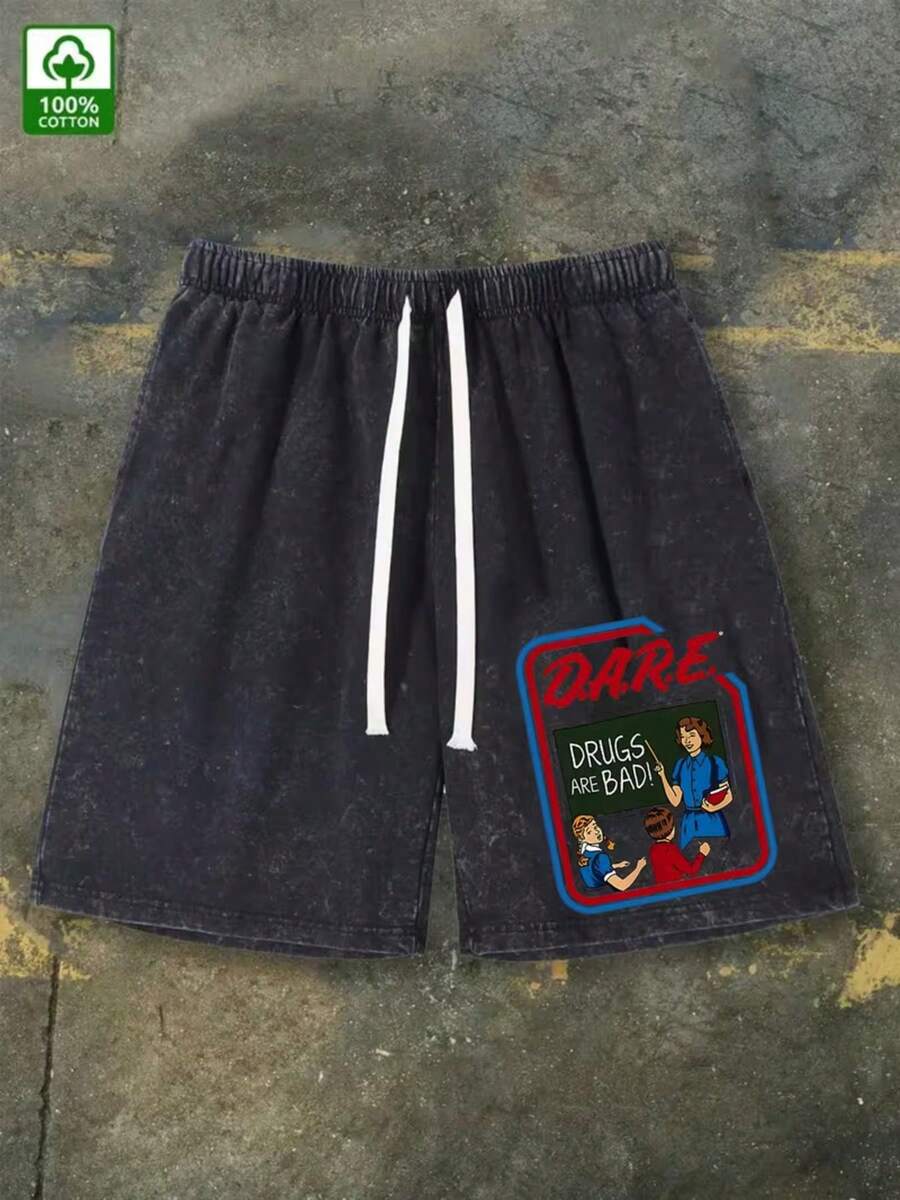 Men's Loose-Fit Shorts With A Drug-Themed Print, Featuring The Slogan " Are Harmful" And Cartoon Warning Graphics – Washed Denim Casual Shorts, Suitable For Summer Wear, Machine Washable, Conveying Anti-Drug Messages, With A 2D Flat Design - Vintage Street Style Unisex Loose Cotton Short Sleeve Crew Neck T-Shirt - màu đen - Xem 1