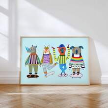 1幅彩色滑板动物墙画，可爱犀牛、狐狸、猴子、考拉帆布画，趣味动物海报，梦幻般的儿童房、卧室、客厅、公寓、宿舍装饰画，无框，送给她的礼物 - 彩色 - 查看 2