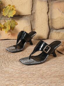 Giày sandal cao gót màu đen gợi cảm họa tiết da rắn dành cho nữ, kiểu dáng tối giản, mũi vuông, gót bất đối xứng, dép xỏ ngón thời trang mùa xuân/hè, đế lót êm ái, đa năng, thích hợp cho kỳ nghỉ, tiệc tùng, đi làm, dép đế xuồng. - màu đen - Xem 7