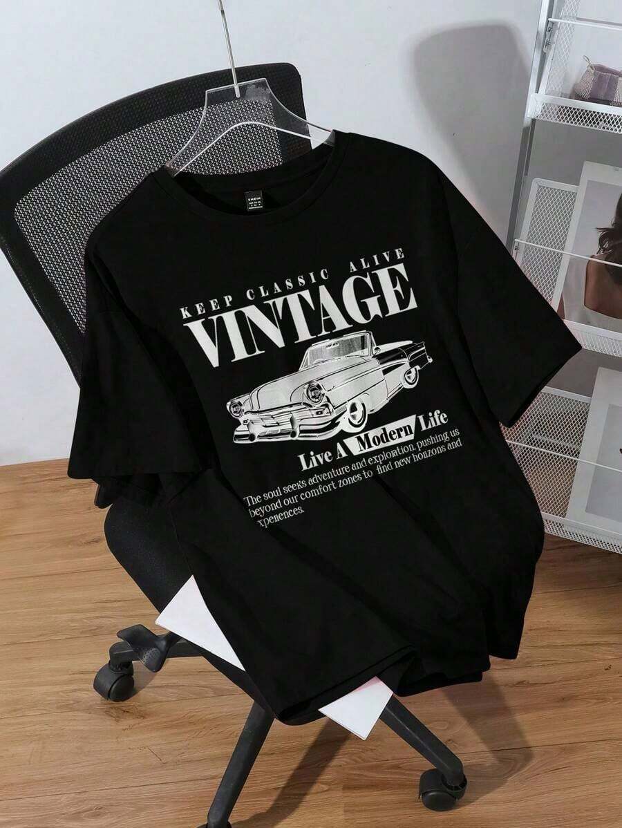 Camiseta de mujer de manga corta con cuello redondo, estampado de coche vintage casual, talla grande, para verano - Multicolor - Ver 1