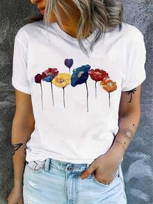 Camiseta artística vintage con estampado floral de pintura al óleo, manga corta cuello redondo, estilo elegante casual 2024 - Blanco - Ver 7