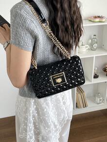 1 chiếc túi đeo chéo bằng da bóng màu đen chần bông, dây đeo xích vàng và khóa xoay, kiểu dáng thanh lịch và sang trọng. - màu đen - Xem 7