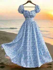 vestido de mujer con estampado digital, mangas abullonadas, nudo delantero, espalda descubierta y cintura ceñida.Elegante y chic para vacaciones, citas, estilizador y adelgazante - Azul - Ver 3
