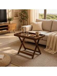 2 Options: Foldable Wooden Side Table/Coffee Table, X-Shaped Side Table With Raised Edge Tray, Multifunctional Bedside Table, Suitable For Home, Living Room, Bedroom, Window Sill, Bedside. Versatile Low Coffee Table, Suitable For Tea Ceremony, Snacks, Laptop, Meditation, Easy To Store. - Multicolor - View 3