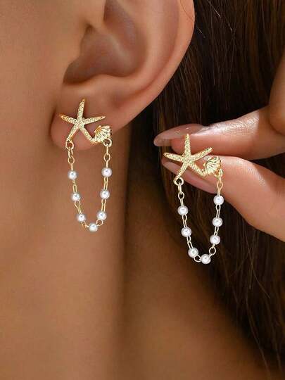 1 Pair Delicate Women Earrings With Random Pearl, Shell & Star Design,Unique Earrings Suitable For Party, Gifts, Everyday Wear
