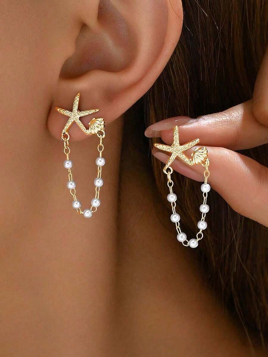1 Pair Sparkling Star Shell Pearl Earrings. Random Design, Versatile For Gift And Everyday Wear. - 01 - View 1