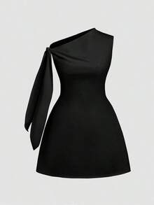 Vestido corto minimalista de mujer de unicolor elegante con hombros con lazo y sin mangas, de verano en colores claros - Negro - Ver 6