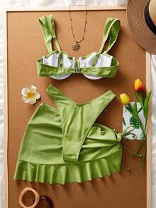 2026 Conjunto de traje de baño tipo tankini de 3 piezas de unicolor, con diseño de tirantes anchos y soporte con aros, estilo de playa de moda, perfecto para vacaciones en la playa y fiestas en la piscina durante el verano - Azul - Ver 3