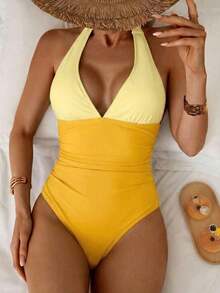 Traje de baño de una pieza con control de abdomen, estilo minimalista de unicolor, con escote halter y espalda descubierta, para vacaciones de verano en la playa - Amarillo - Ver 5