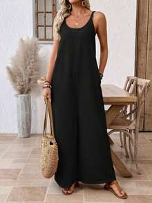 Mono Casual de Pierna Ancha con Bolsillos en Color Sólido para Mujer - Negro - Ver 12