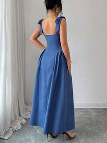 Nuevo vestido largo elegante y versátil para mujeres con textura de tiras y tejido bicolor ajustado para uso diario - Azul - Ver 2