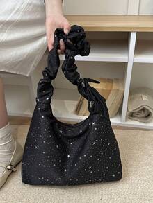 新款韩版极简星形图案斜挎包,大容量腋下包,百搭褶皱休闲单肩包 - 黑色 - 查看 6