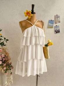 Nuevo vestido elegante y romántico para invitados de boda, de unicolor, con espalda descubierta, multicapa con volantes de gasa, minivestido, adecuado para estilo bohemio, boho, flores románticas, vacaciones, fiestas florales, citas, San Valentín, - Beis - Ver 4