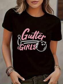 Women's Casual Bowling Print Short Sleeve T-Shirt, Knit Crew Neck, Regular Fit, 95% Polyester 5% Elastane, All Season T-Shirt - 黑色 - 查看 2