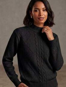 Women's Modal Knit Winter Blouse With Braided High Neck, Modern Style - Black - View 3