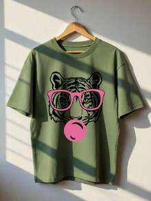 Green Short-Sleeved T-Shirt With A Round Neck, Loose And Versatile Style, With A Tiger Mouth And Bubble Print, Minimalist Summer Fashion For Women, Suitable For Everyday Wear And Holidays - 草綠色 - 查看 1