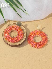 OOQ 1 Pair Bohemian Style Hollow Round Beaded Earrings, Geometric Personalized Design Elegant Minimalist Sexy Earrings, Suitable For Daily Matching, Great Gift For Friends (Handmade Beads In Random Colors, Quantities And Positions) - Orange - View 3
