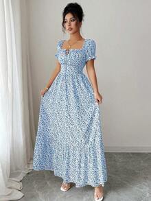 vestido de mujer con estampado digital, mangas abullonadas, nudo delantero, espalda descubierta y cintura ceñida.Elegante y chic para vacaciones, citas, estilizador y adelgazante - Azul - Ver 5