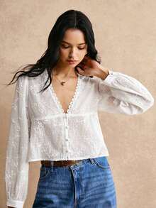 Blusa de manga larga con cuello en V y bordado floral, adecuada para salidas casuales, blusas de manga larga - Blanco - Ver 3