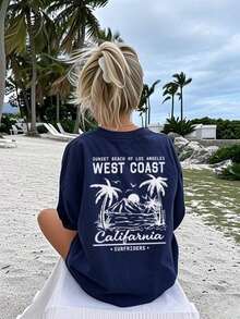 Camiseta de mujer de manga corta y cuello redondo, de verano, casual, con estampado de lema de palmera simple y versátil, adecuada para uso diario. Camiseta gráfica, blusas de mujer, vacaciones - Multicolor - Ver 7