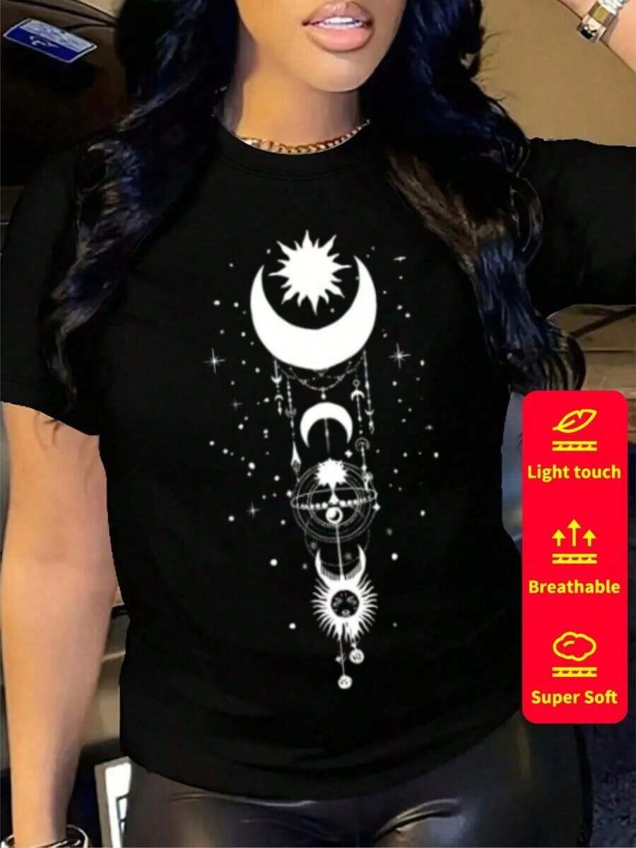 1 Pc Women's Short-Sleeved T-Shirt, Round Neck, 100% Cotton, Loose Fit, Casual And Versatile Style With Modern Print. 180g 100% Cotton - 8 - 查看 1