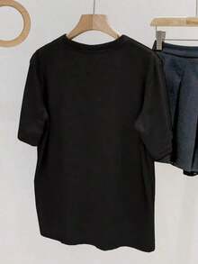 Camiseta de mujer con cuello redondo y estampado bordado de caballero - Blusa casual de cuello redondo - Camiseta ligera adecuada para todas las estacionesPure-Cotton - Negro - Ver 3
