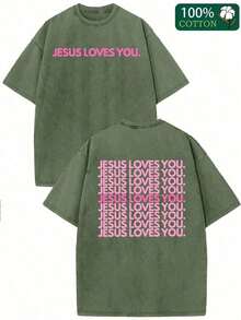230GSM T-Shirt With Intense Wash Effect - Religious Print T-Shirt 'Jesus Loves You', Lettering In Pink, Green And Pink With Double-Sided Print - Christian Clothing, Unisex Crew Neck Top, Suitable For Church, Casual Wear, Ideal For Gifting - Y2K Soft And Machine Washable Crew Neck T-Shirt. - 白色 - 查看 10