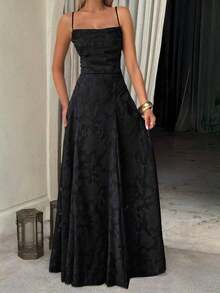 Vestido de verano sexy y elegante para mujer de Unadoll, con cinturón de cordón en la cintura y diseño sin espalda, hecho de tela jacquard, adecuado para vacaciones, playa, citas, vuelta al colegio, bodas, fiestas y otras ocasiones - Negro - Ver 1