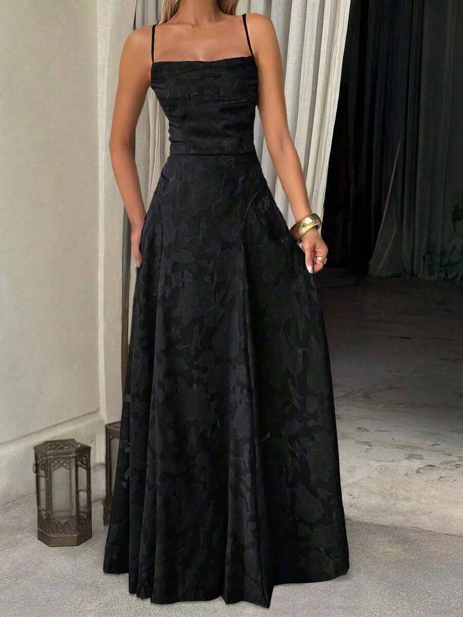Vestido de verano sexy y elegante para mujer de Unadoll, con cinturón de cordón en la cintura y diseño sin espalda, hecho de tela jacquard, adecuado para vacaciones, playa, citas, vuelta al colegio, bodas, fiestas y otras ocasiones - Negro - Ver 1