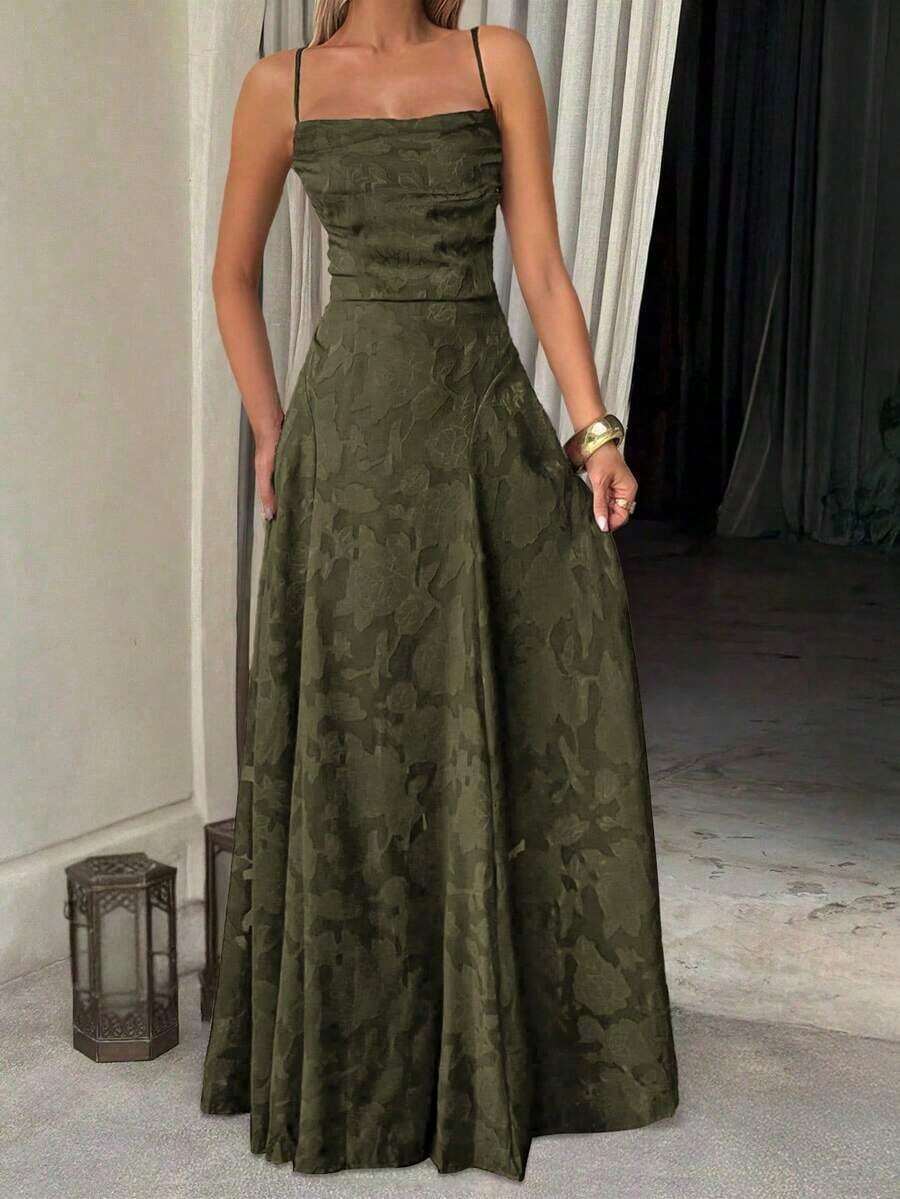 Vestido de verano sexy y elegante para mujer de Unadoll, con cinturón de cordón en la cintura y diseño sin espalda, hecho de tela jacquard, adecuado para vacaciones, playa, citas, vuelta al colegio, bodas, fiestas y otras ocasiones - Verde militar - Ver 1