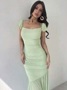 Women's Elegant Ruched Tie Waist Green Mesh Bodycon Flounce Hem Dress, Suitable For Parties, Vacations, Music Festivals, Wedding Season, Brunch, St. Patrick's Day, Boho Women Long Dresses, Fairycore, Vacation Outfits, Graduation Dresses For Women, Beach Outfits For Women, Airport Outfit Women,Dresses For Women Elegant Summer Spring Outfits Festival Outfits Elegant Business Casual Vacation - màu xanh lá - Xem 6