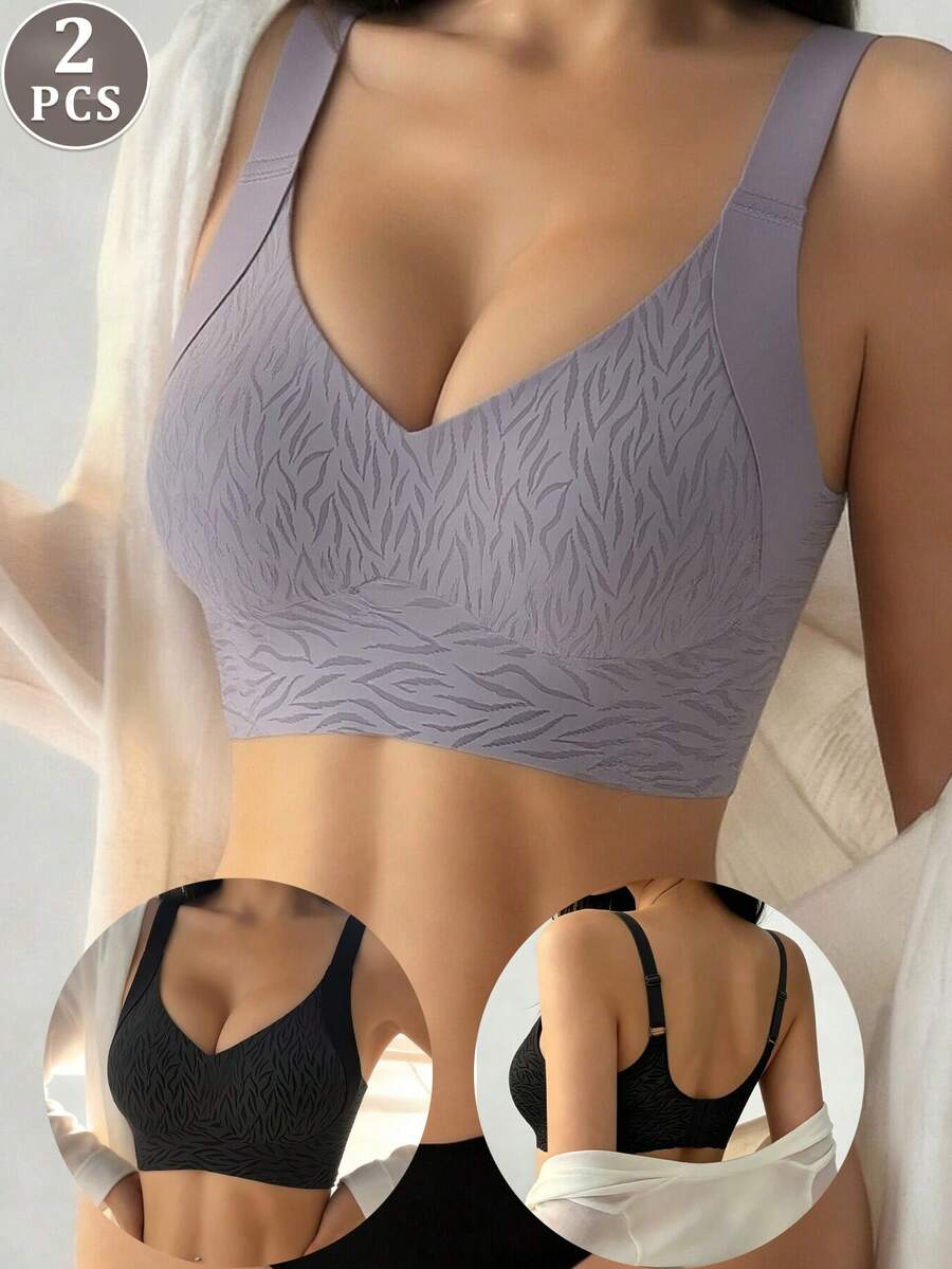 2pcs/Set Women's Wireless Full Coverage Push-Up Bra, Minimizing Large Bust, Side-Smoothing, Anti-Sagging, Adjustable - Multicolor - View 1