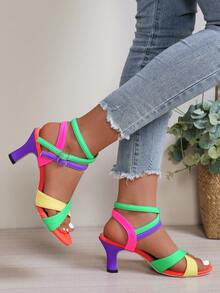 Neon Color Block Criss-Cross Strap High Heel Sandals, Eye-Catching Sexy Style - Rainbow - View 5