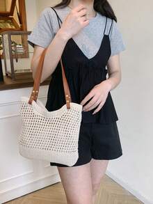 Fashionable Woven Shoulder Bag For Spring 2026, Suitable For Daily Use, Casual Outings, Travel, And Vacations - 白色 - 查看 3
