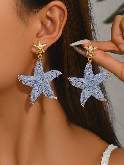 1 Pair Handmade Woven Raffia Starfish Pendant Earrings, Creative Beach Vacation Style, Fashionable Handcrafted Raffia Starfish Tassel Earrings, Suitable For Valentine's Day, Wedding Season, Mother's Day, Music Festival Celebration, Daily, Vacation, Party Wear For Women