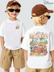 Kids' Disney Cars Themed T-Shirt, Boys' Lightning McQueen Christmas Holiday Print Short Sleeve Tee, Soft Summer Casual Top For Boys, Easy On & Off Playwear For School, Theme Parks, Casual Hangouts & Weekend Trips - 白色 - 查看 1
