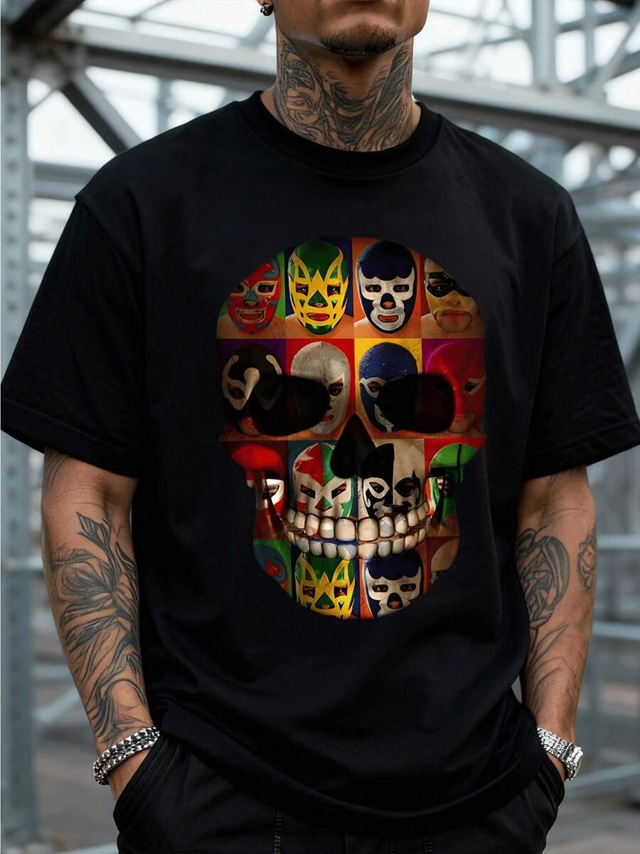 Alternative Style Men's Short Sleeve T-Shirt With Skull Print Formed By Multiple Colorful Lucha Libre Masks, Creative And Vibrant Design, Loose Fit, Ideal For Urban Art And Mexican Culture Lovers, 220 G 100% Cotton, Soft, Breathable And Long-Lasting, Artistic - 黑色 - 查看 1