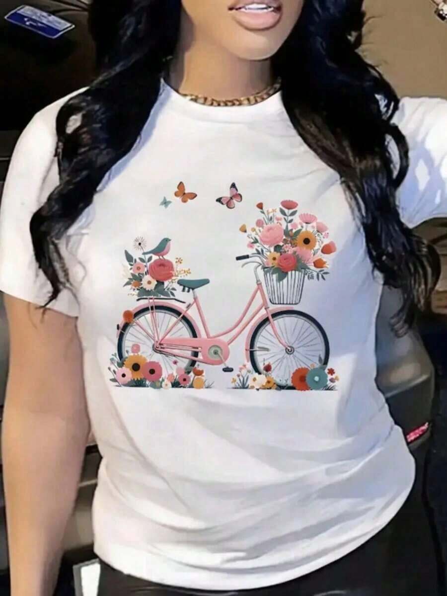 Vintage 1 Floral Hoja Mariposa Casual Dulce Sexy Fiesta Elegante Ninguno Casa Playa Noche de fiesta Vacaciones Boda Oficina Deportivo verano Playera de manga corta con estampado de bicicleta, top casual de cuello redondo para primavera y verano, ropa para mujerFashion 100% Cotton - Blanco - Ver 1