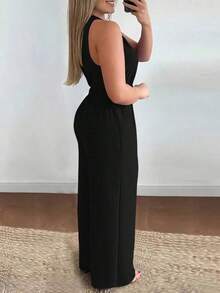 Elegante mono de pierna ancha con escote en V cruzado, hebilla de metal en la cintura, para mujeres en vacaciones - Negro - Ver 2